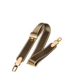 Sidecar olive green nylon purse strap, featuring a smooth durable design, gold accents, and adjustable length for bags.