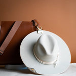 Sidecar Duo Set, Hands-free Hat Clip luxury travel accessory. Featuring shiny 14K Gold duo set with white luxury hat and leather handbag. Durable, damage-free hat clip carry.